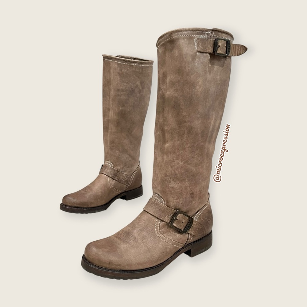 $399 Frye Veronica Slouch Tan Distressed Leather Engineer Moto Tall Buckle Boot - Picture 11 of 16